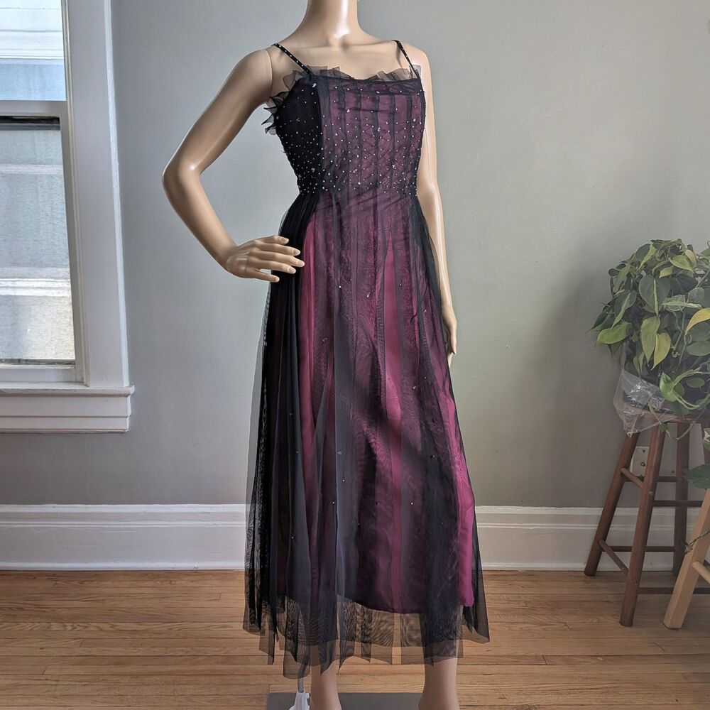 Vintage Y2K Charlotte Russe Black Midi Dress Sequin Beaded Gothic Fairycore M - Picture 1 of 16
